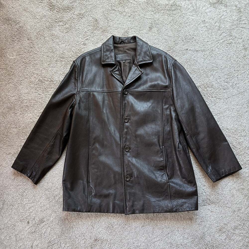 Vintage John Ashford Brown Leather Car Coat Jacket Mens Large Y2K Minimalist